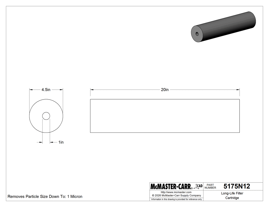 Technical Drawing of Long-Life Filter Cartridge, for Particles in Water, Solid, 20" High, 1 Micron.